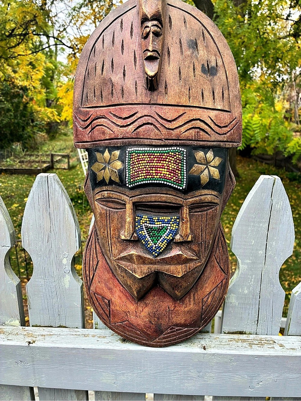 Vintage Handcrafted Ghana Beaded Wood Wall Mask OOK